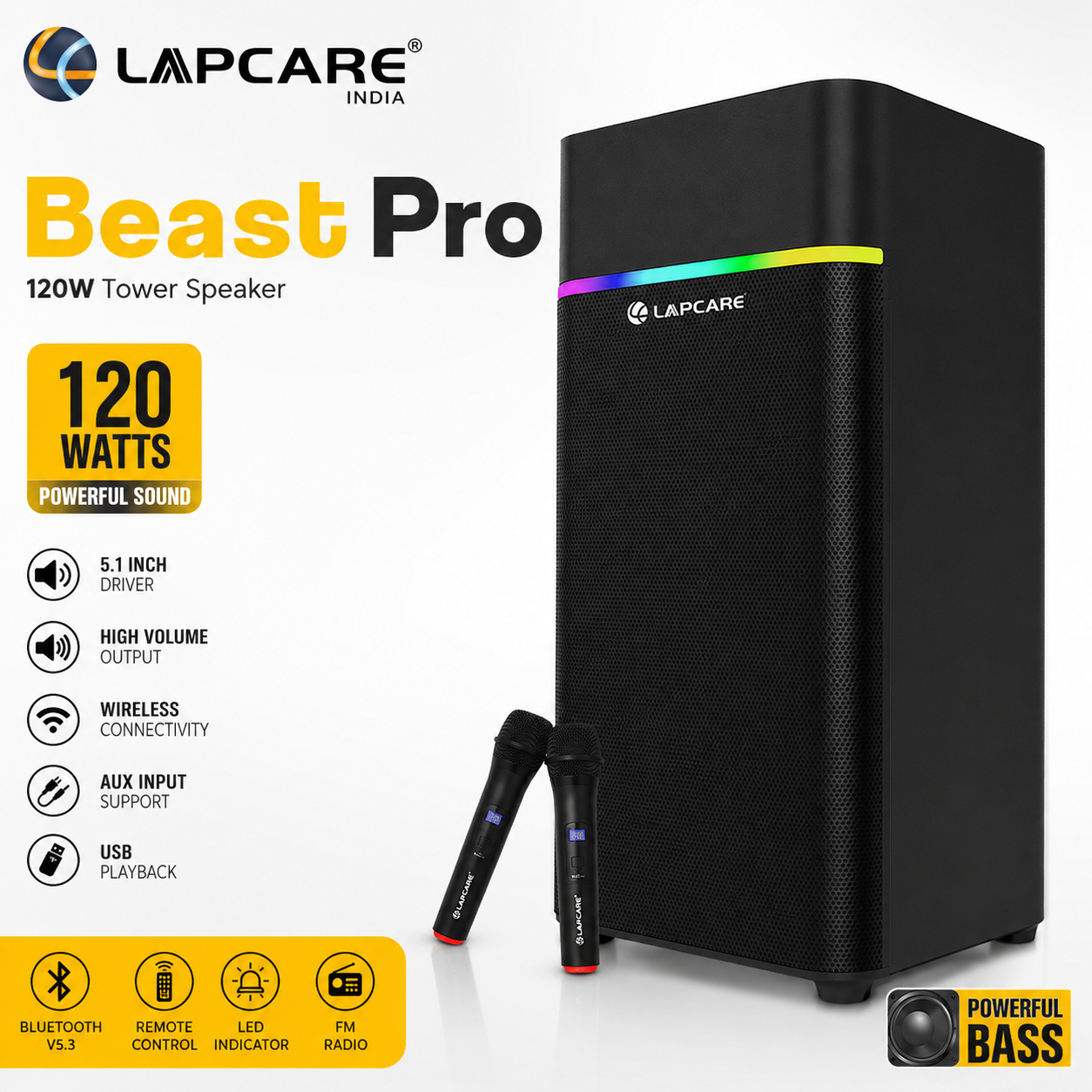 Lapcare Beast Pro 120W Bluetooth Tower Speaker with Wireless Microphones  Powerful Bass  Bluetooth v5.3  USB, AUX & FM  High Volume Party Speaker